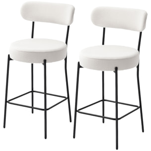Lot de 2 tabourets de bar en tissu bouclé assise H.68 cm - lot de 2 chaises de bar - acier noir blanc cassé