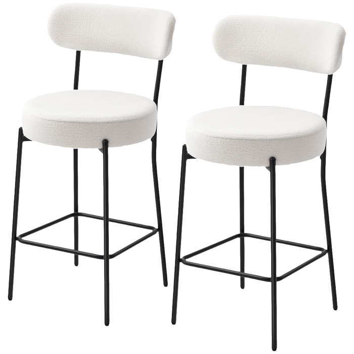 Lot de 2 tabourets de bar en tissu bouclé assise H.68 cm - lot de 2 chaises de bar - acier noir blanc cassé