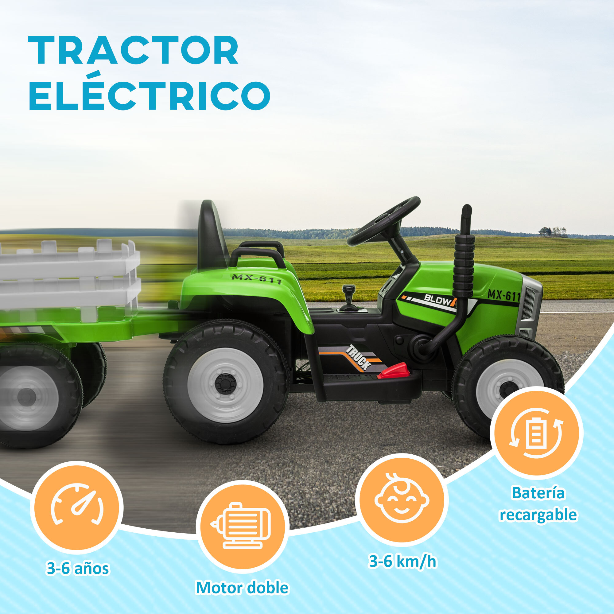 Tractor Eléctrico con Remolque Desmontable Coche Eléctrico para Niños 3-6 Años con Control Remoto Música MP3 Pantalla Luces y Cinturón de Seguridad 136,5x50x52,5 cm Verde