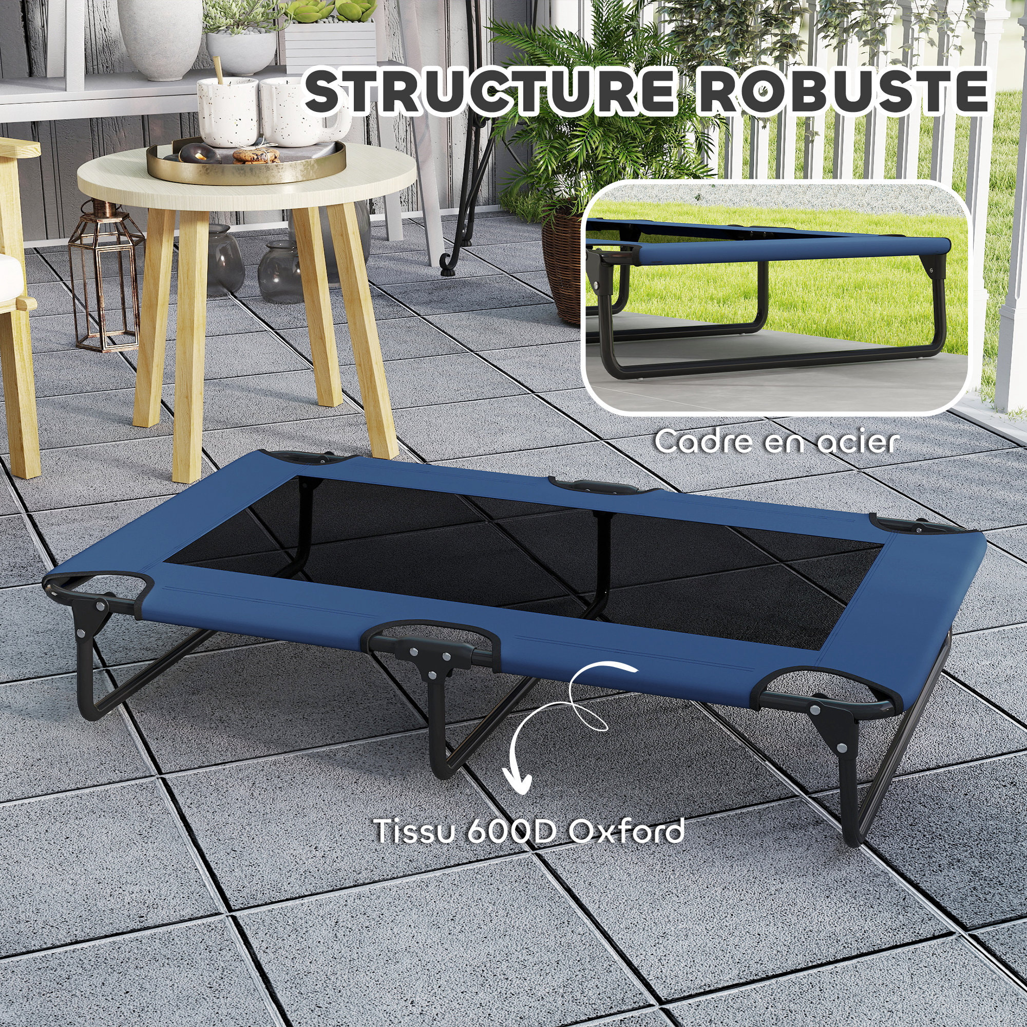 Transat pour animaux pliable - lit pour chien - lit à pieds pour chien dim. 107 x 61 x 20 cm - bleu