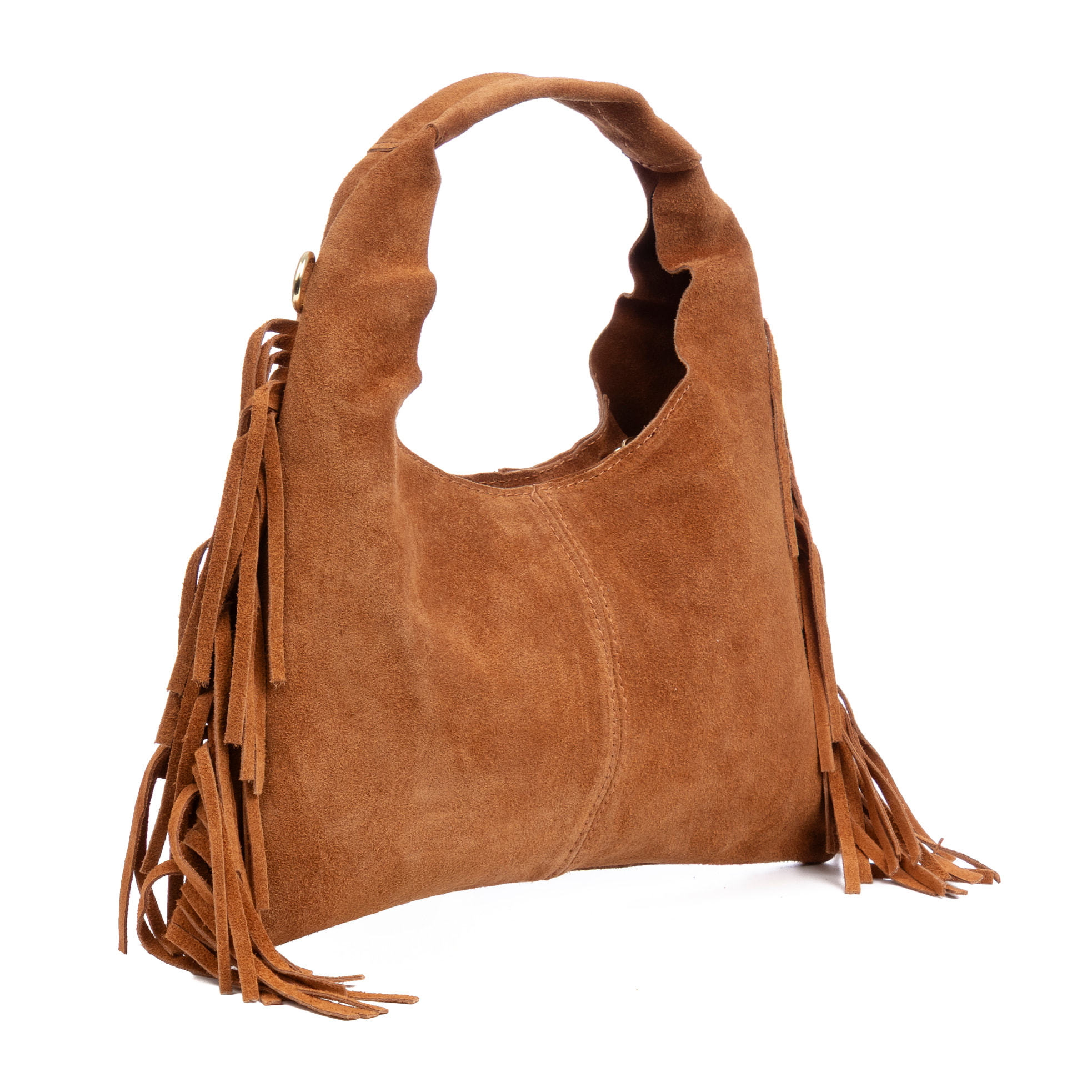 Barisciano borsa a spalla da donna. Pelle scamosciata autentica, con frange.