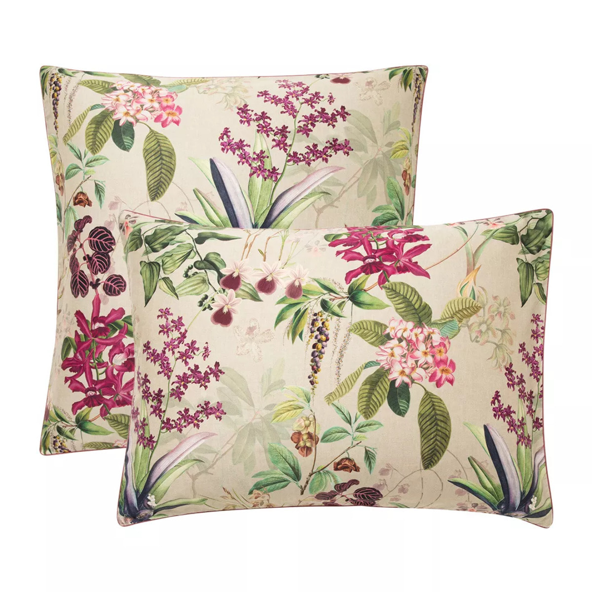 Taie d'oreiller satin de coton imprimé rose beige vert Parfum d'orchidee grege