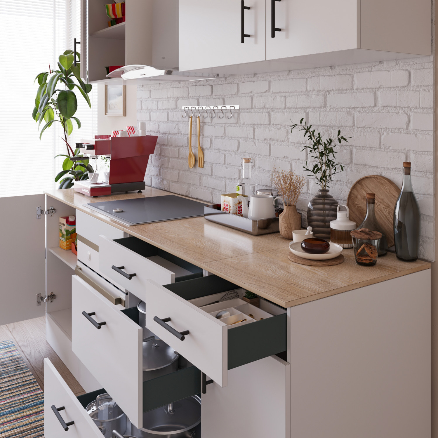 Cucina Componibile Completa Da 220 Cm Moderna con Cassetti Ammortizzati Piedini Regolabili Moduli Pensili Facile Da Installare Bianco Lucido e Rovere