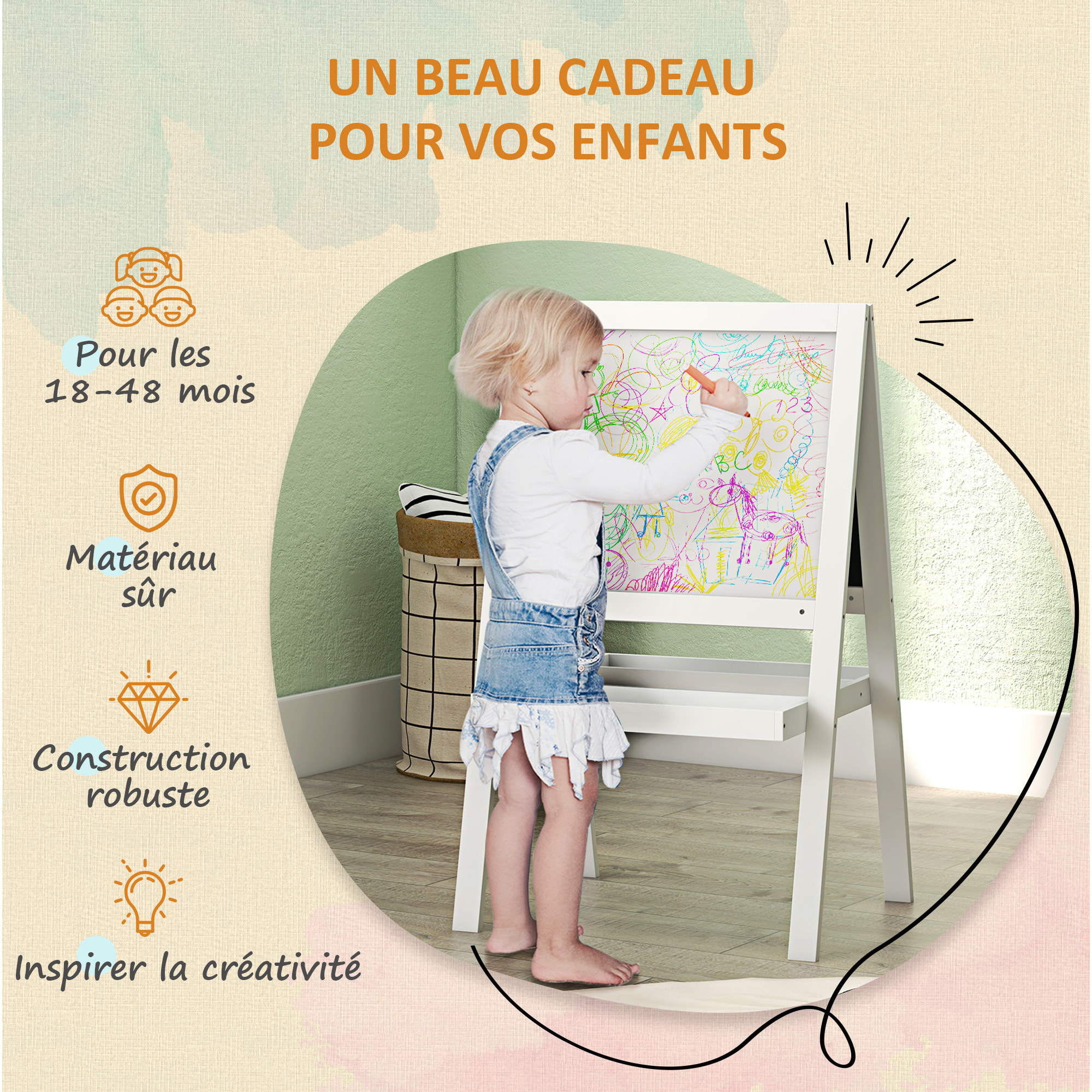 Tableau enfant double face - chevalet enfant - tableau blanc magnétique, tableau noir à craie - 2 paniers rangements - MDF blanc