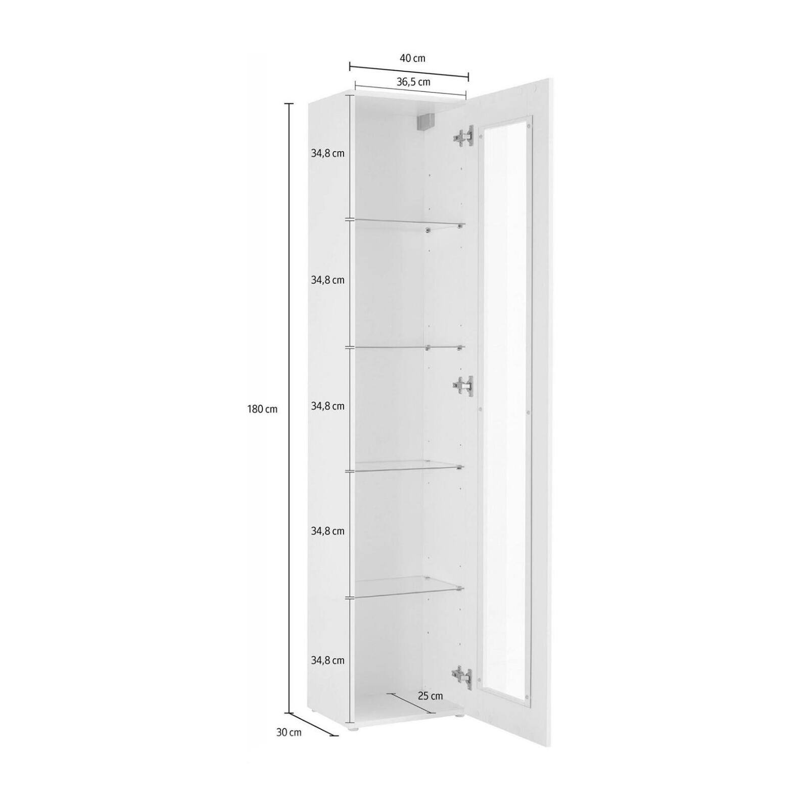 Vetrina Aristotele, Credenza con ripiani in vetro, Mobile da soggiorno multiuso con luce LED, 100% Made in Italy, cm 40x30h180, Bianco lucido
