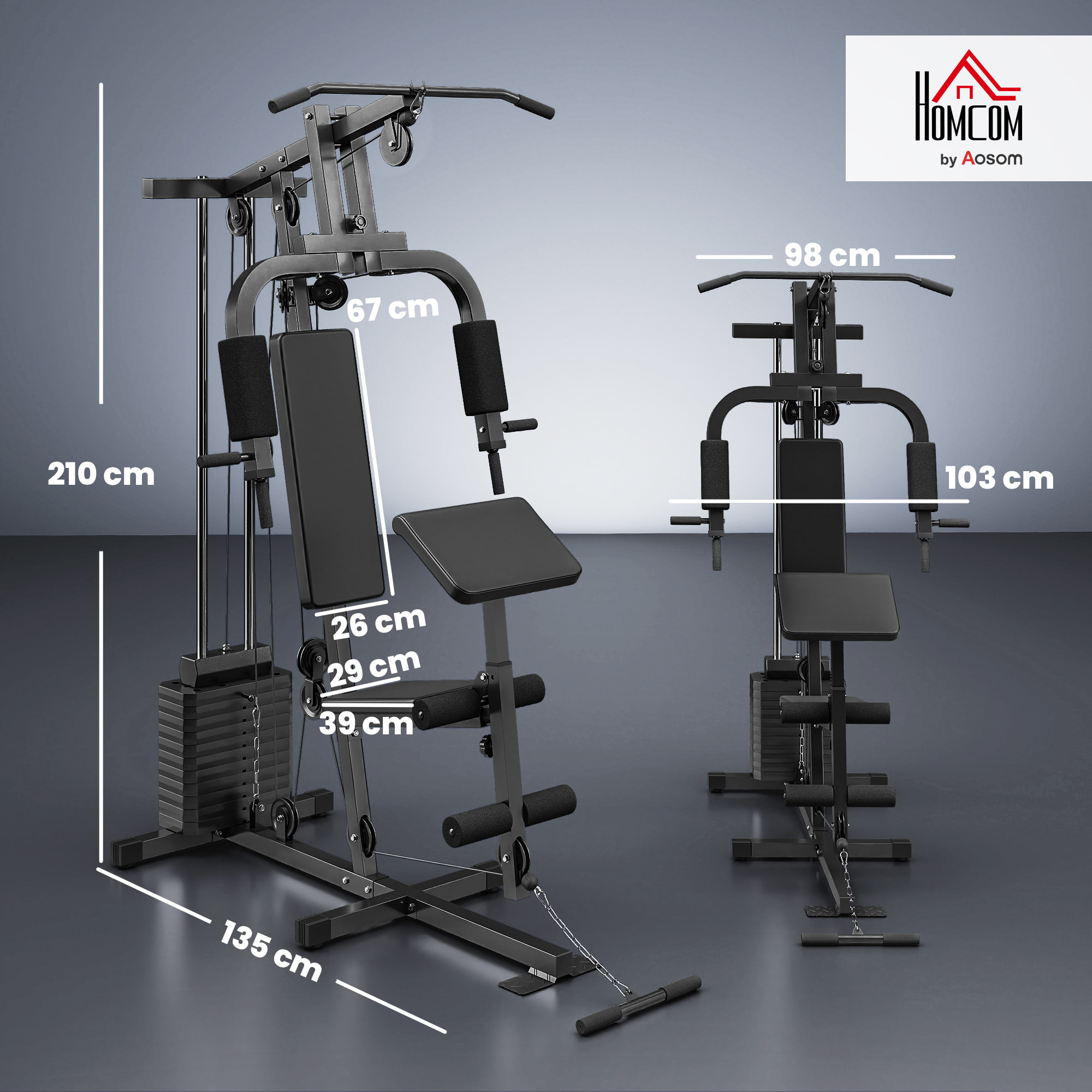 Multiestación Musculación, Máquina de Musculación con Prensa de Pecho, Placas de Peso 65 kg, Curl de Piernas y Brazos, Polea Mariposa, Carga 100 kg para Entrenamiento Casa Gimnasio Negro