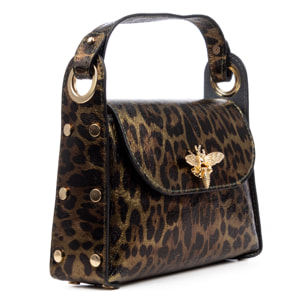Aquileia bolso de mano mujer. Piel auténtica Gamuza con estampado animal print leopardo lacada brillante.
