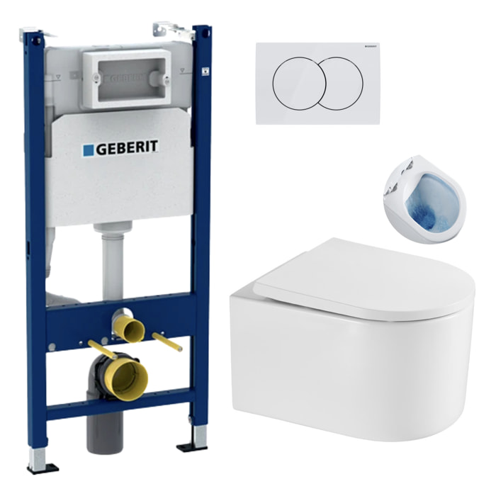 Pack WC Bati-support Geberit Duofix + WC sans bride SAT Delano + Abattant softclose + Plaque Blanche