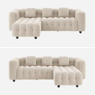 Canapé d'angle réversible 3-4 places bouclette texturée. beige. capitonné structure bois d'eucalyptus et contreplaqué
