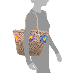 Villaga borsa a spalla donna. Realizzata in cotone, con fiori decorativi.