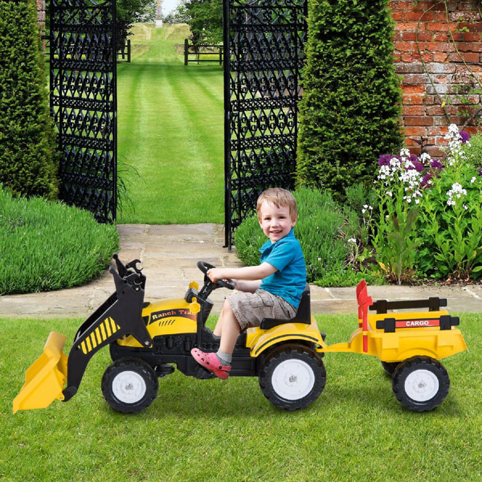 Tracteur à pédales tractopelle Ranch Trac avec remorque pelle et rateau jeu de plein air enfants 3 à 6 ans jaune noir