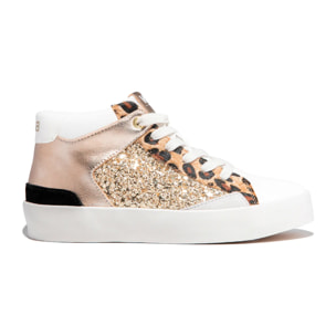 Sneakers mid-top con glitter dorati e stampa leopardata