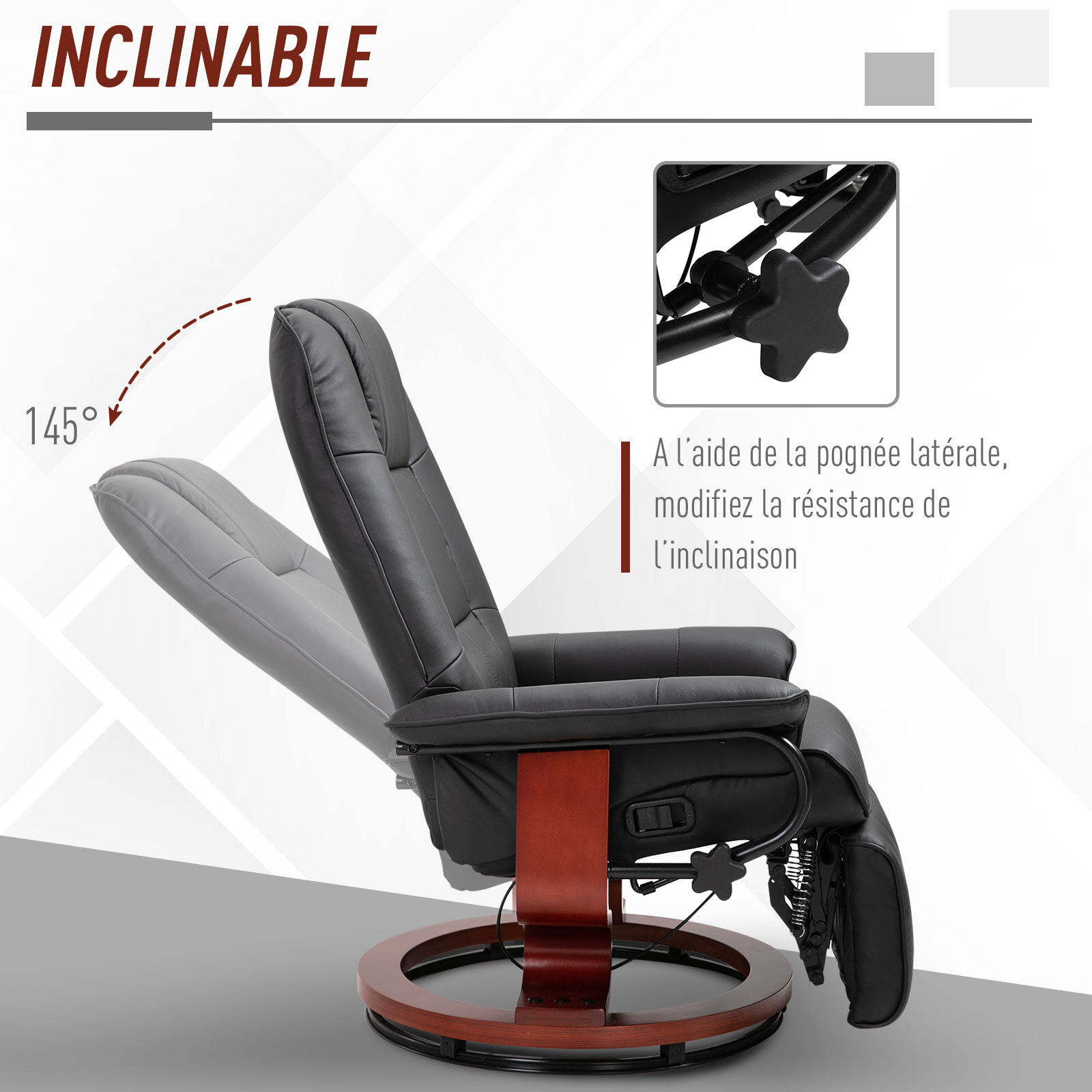 Fauteuil relax inclinable repose-pieds réglable pivotant 360° piètement bois revêtement PU noir