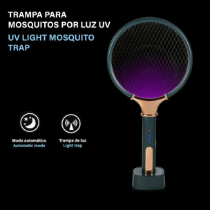 Raqueta eléctrica inteligente mata mosquitos. Batería de litio incorporada. Luz de 360-400 NM. Efectivo contra moscas, mosquitos y polillas.