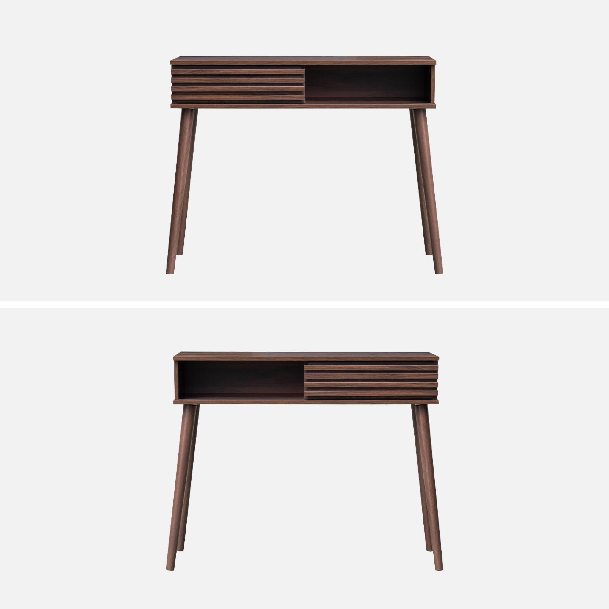 Console scandinave effet bois noyer avec 1 porte coulissante rainurée 2 niches de rangement