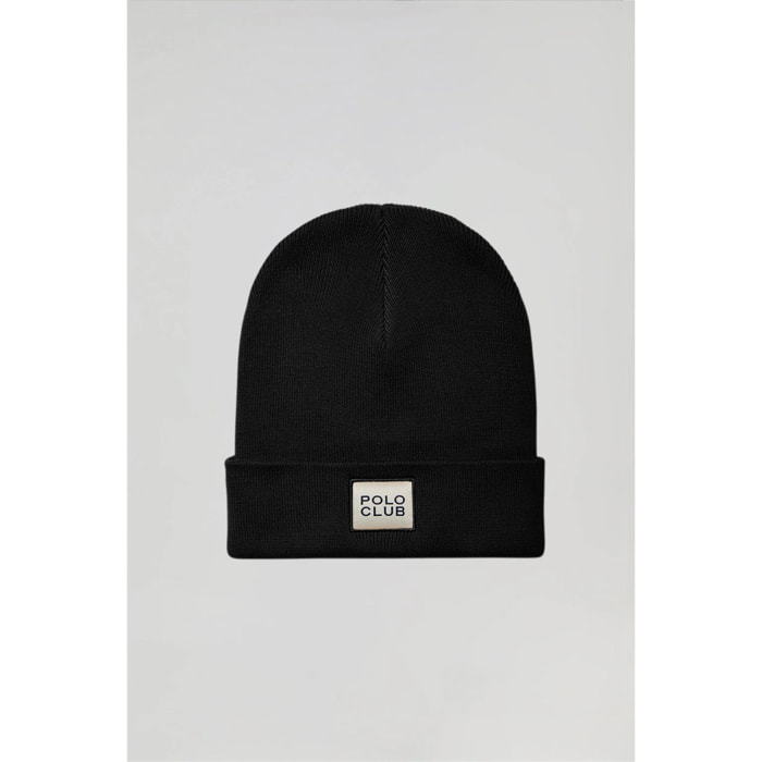 Gorro negro de lana unisex con detalle Polo Club