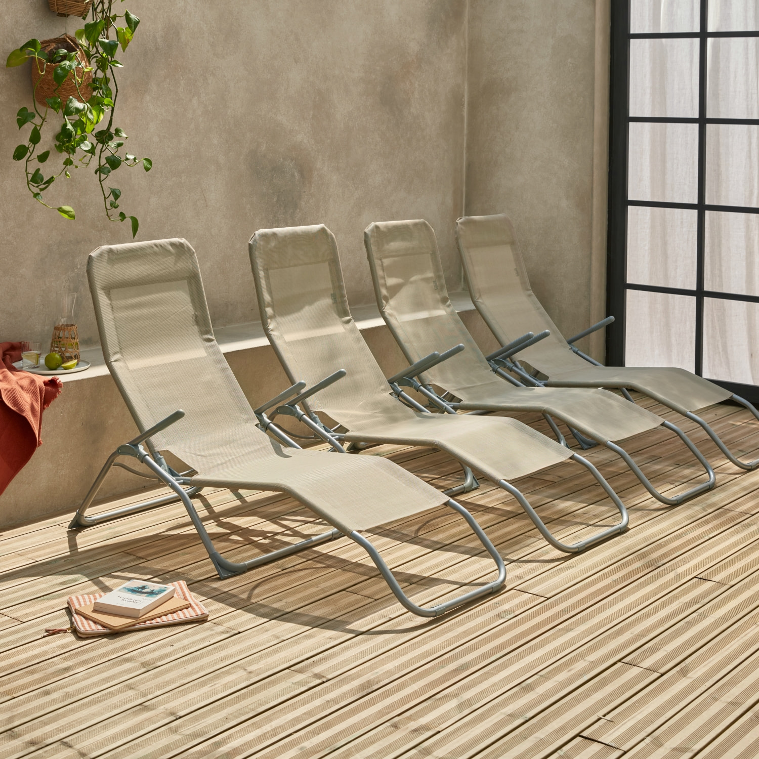 Lot de 4 bains de soleil pliants - Levito Taupe - Transats textilène 2 positions. chaises longues