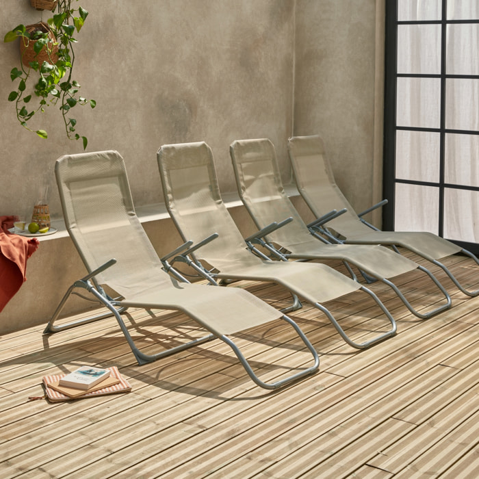 Lot de 4 bains de soleil pliants - Levito Taupe - Transats textilène 2 positions. chaises longues