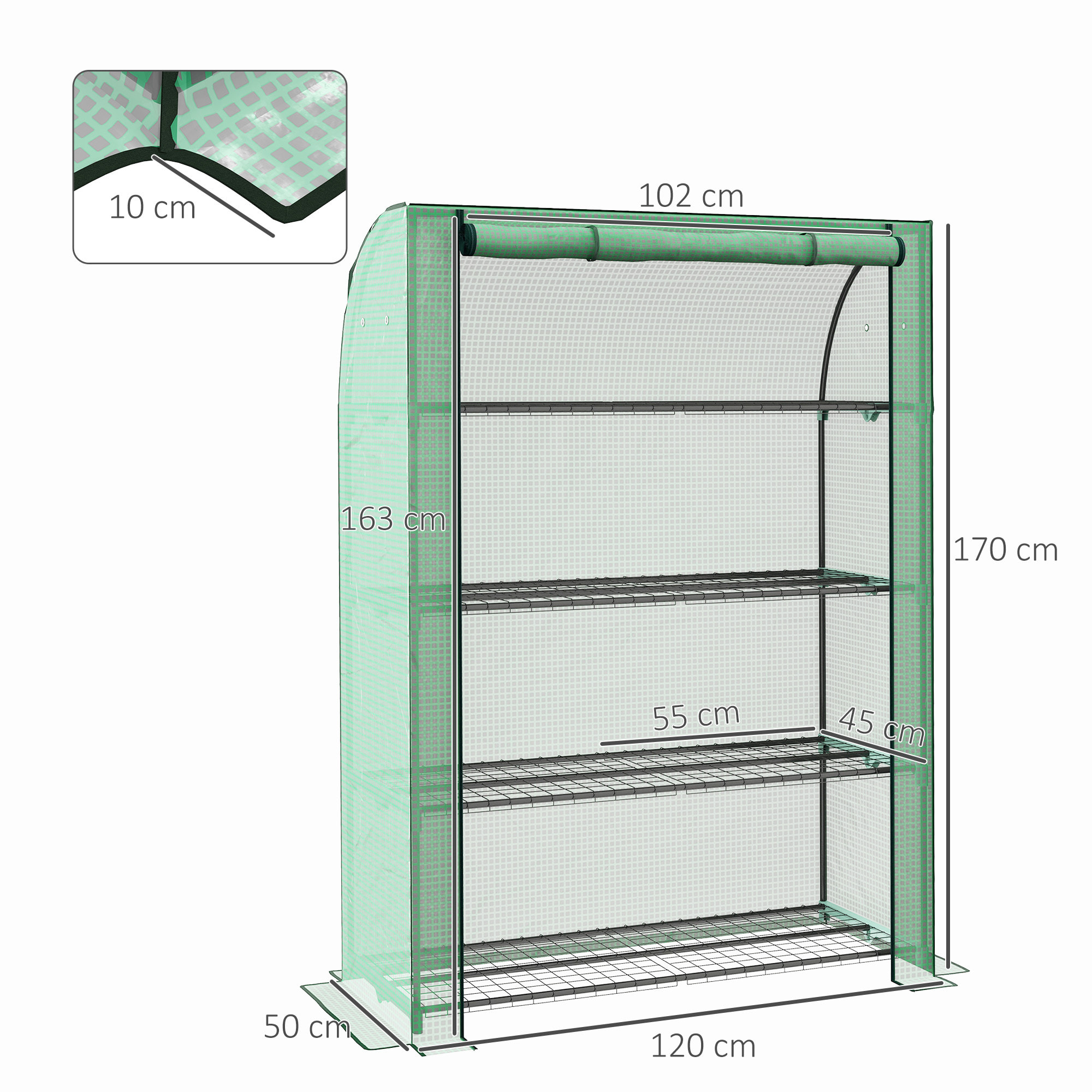 Mini serre de jardin serre de balcon serre à 4 étages avec châssis en acier & bâche en PE renforcée, intérieur et extérieur portable porte enroulable, 120 x 50 x 170 cm, vert