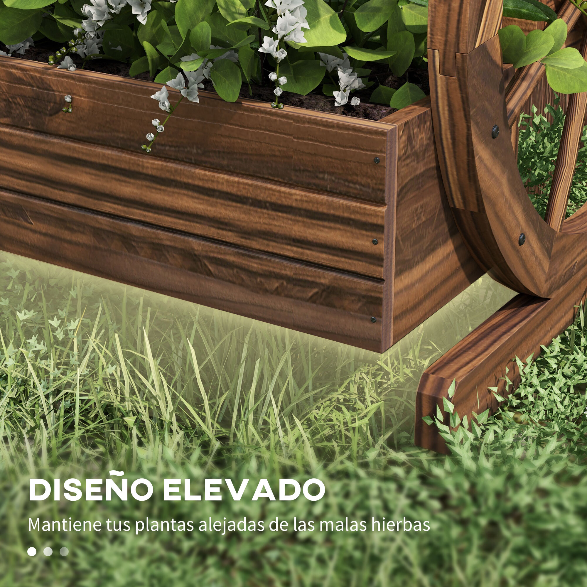 Jardinera de Madera Macetero Exterior de 3 Niveles Diseño de Escalera y Forma de Ruedas Orificios de Drenaje Huerto Urbano Cultivos Plantas Flores en Terraza Jardín 61x62x57 cm