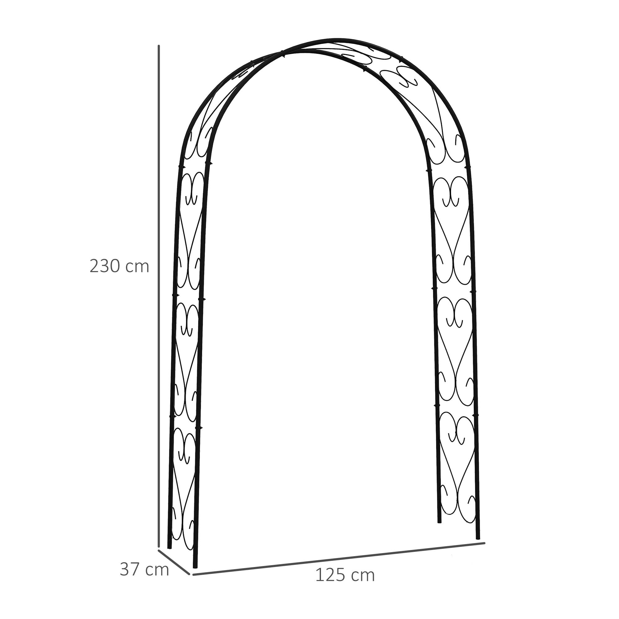 Arco de Jardín de Acero para Rosas Arco de Boda Diseño Espiral de Corazón para Plantas Trepadoras para Decoración Patio Terraza 125x37x230 cm Negro