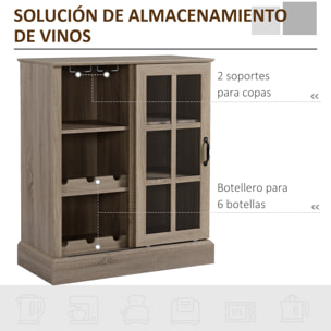 Aparador de Cocina Moderno con Puerta de Vidrio Soporte para 6 Copas Botellero para 6 Botellas y 3 Estantes Mueble Auxiliar de Almacenaje para Comedor Salón 79x39x92 cm Café