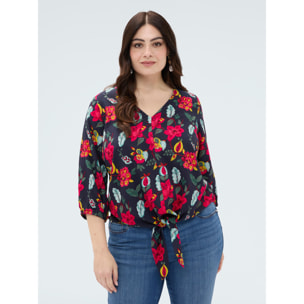 Fiorella Rubino - Blusa estampado floral en viscosa con nudo - Azul