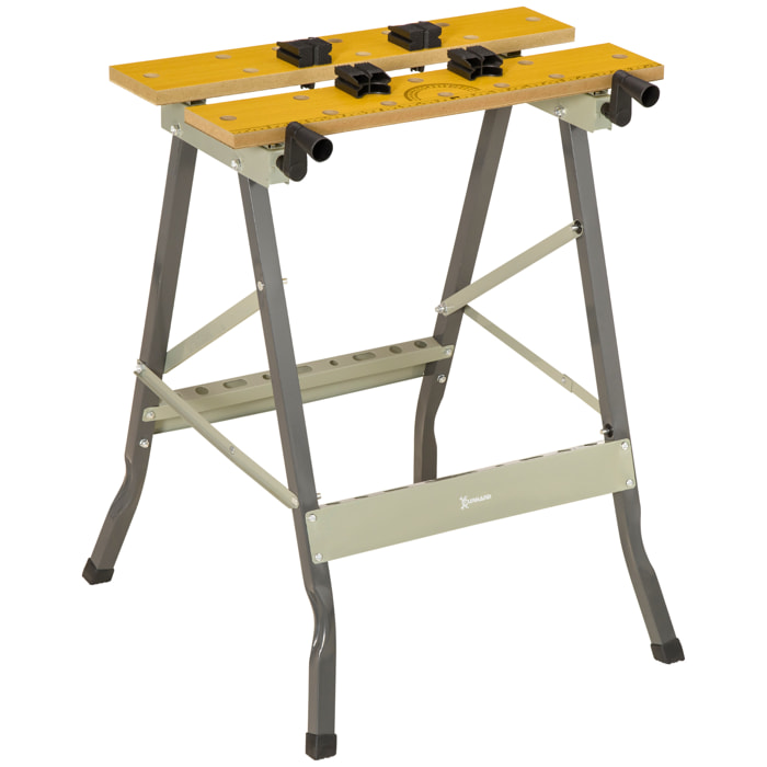 Banco de Trabajo Plegable, 4 en 1, Mesa de Trabajo con 4 Abrazaderas Ajustables, 2 Manivelas, 2 Paneles de MDF, para Garaje y Taller, Carga 100 kg, 62,5x60,5x78,5 cm, Natural y Gris