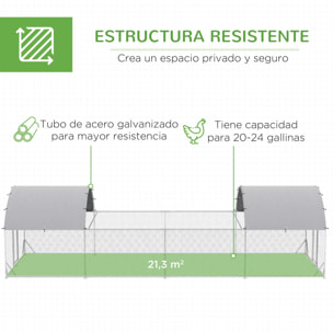 Gallinero Exterior de Acero Galvanizado 7,6x2,8x1,95 m Gallinero Grande con 4 Pisos Techo Cubierta de Tela Corral para 20-24 Gallinas Conejos Aves Plata