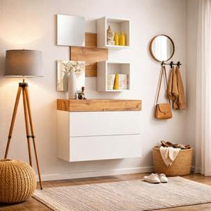 Mobile Ingresso Moderno Con 2 Specchi Vani A Giorno E Base Con Ante E Cassetto Design Elegante Salvaspazio 100 x 170 x 30 Cm Bianco E Rovere