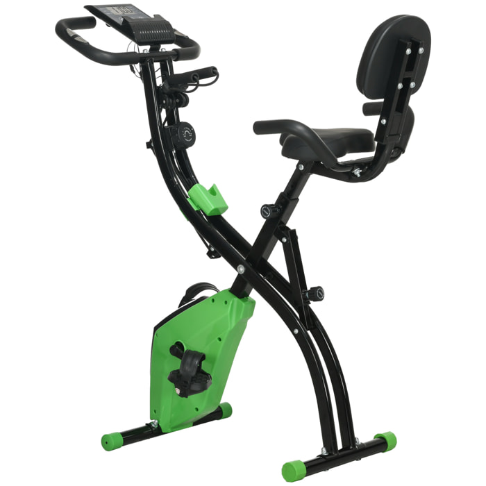Vélo d'appartement pliant 8 niveaux de résistance magnétique dossier selle réglable poignées ergonomiques écran LCD multifonction suspensions support tablette acier vert noir