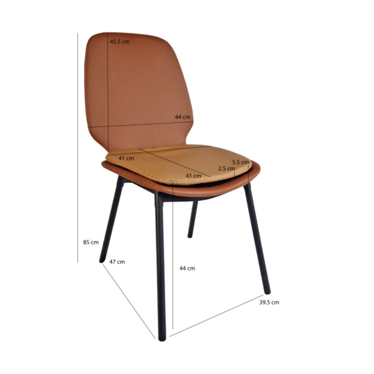 Chaise en simili marron ou noir avec coussin d'assise & pieds métal noir - BETTER