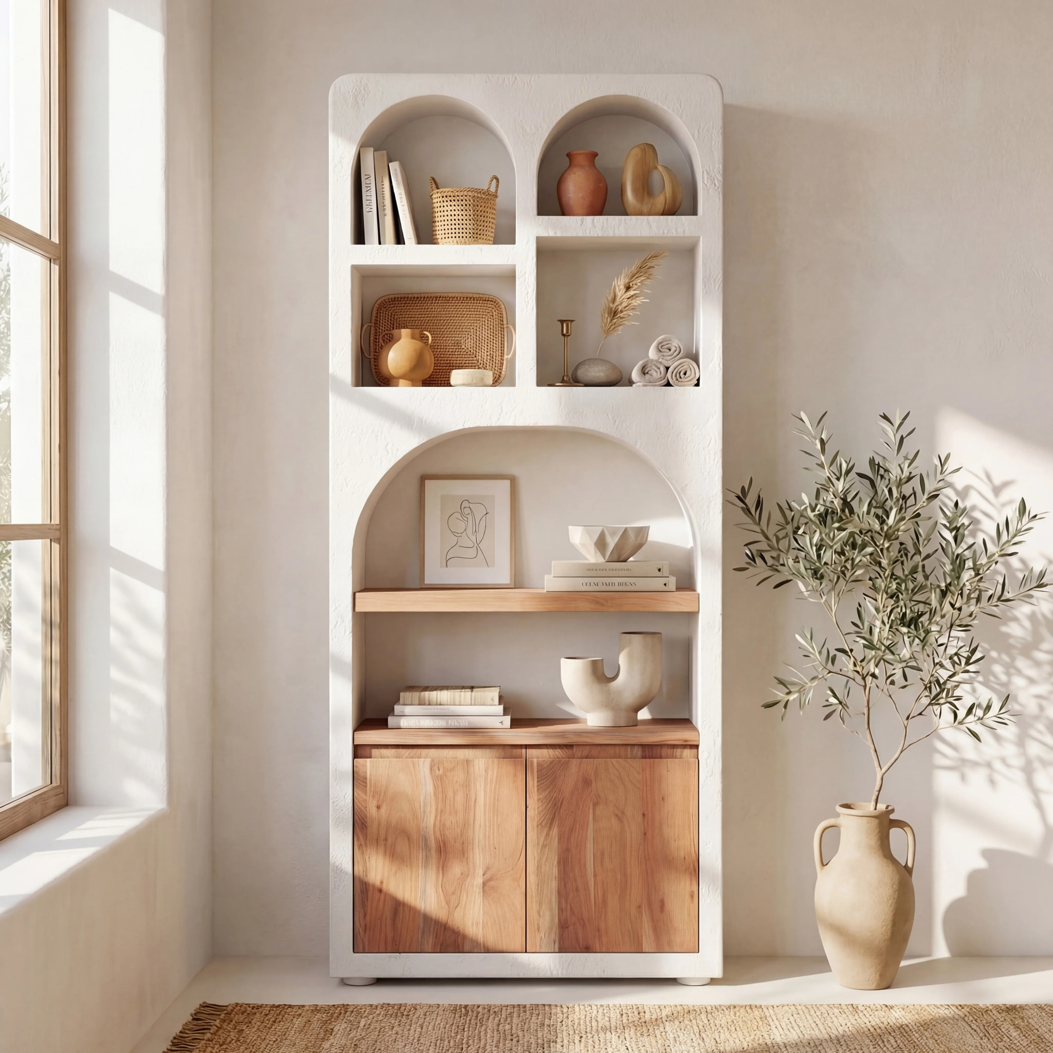 Bibliothèque en plâtre blanc cassé et bois d'acacia - Fira