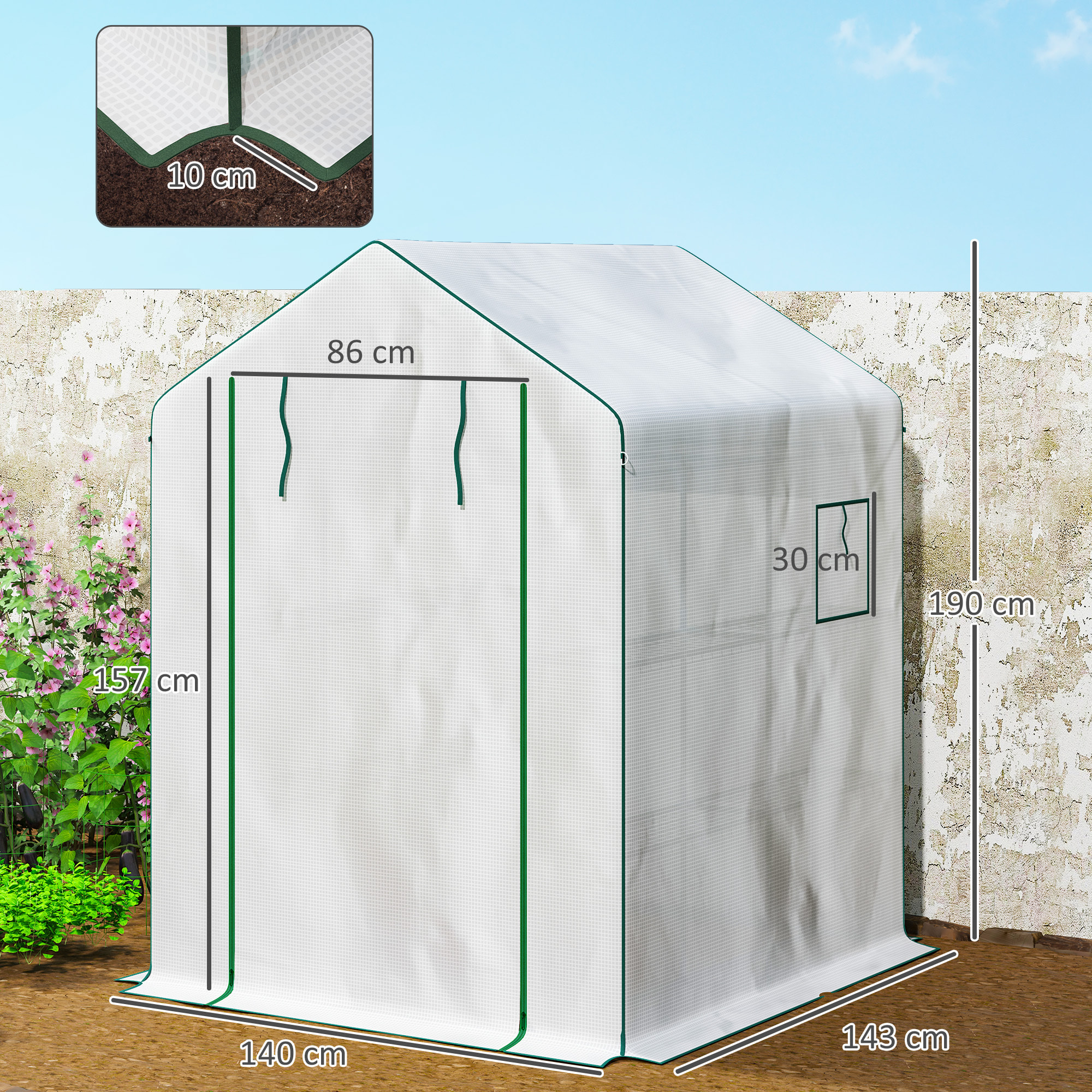 Serre de jardin 4 tablettes dim. 1,4L x 1,43l x 1,9H m porte déroulante fenêtre acier PE haute densité blanc