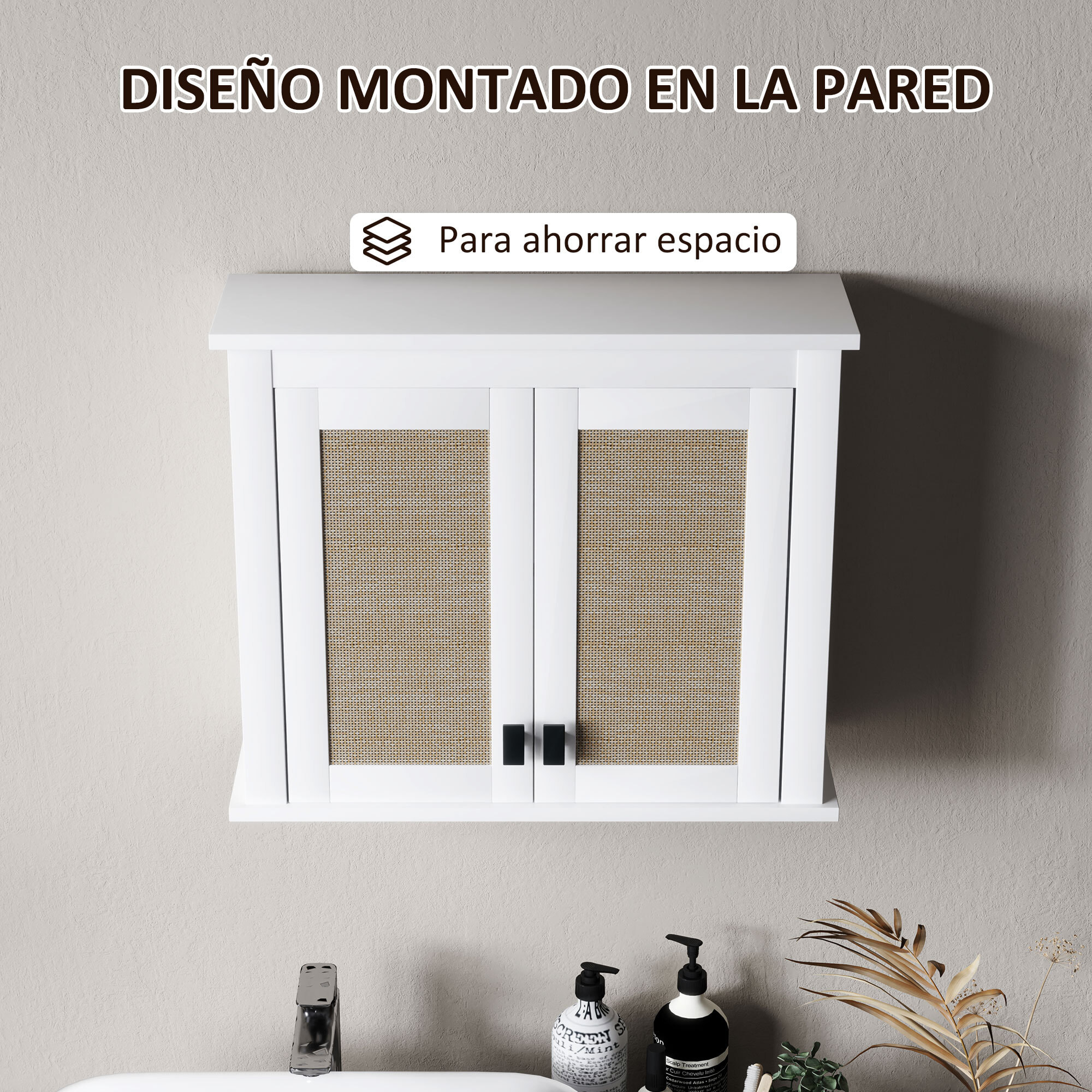 Armario de Pared para Baño Multiusos Mueble de Baño Suspendido Armario Colgante de Almacenamiento con 2 Puertas de Ratán PE Estante Ajustable 60x19,5x49,4 cm Blanco