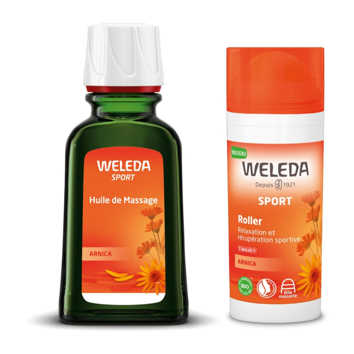 WELEDA - Pack Nomade - Huile de Massage Arnica + Roller Arnica - Avant et après l'effort - Vegan* - Certifié Natrue** - Flacon 50ml + Roll-on 75ml