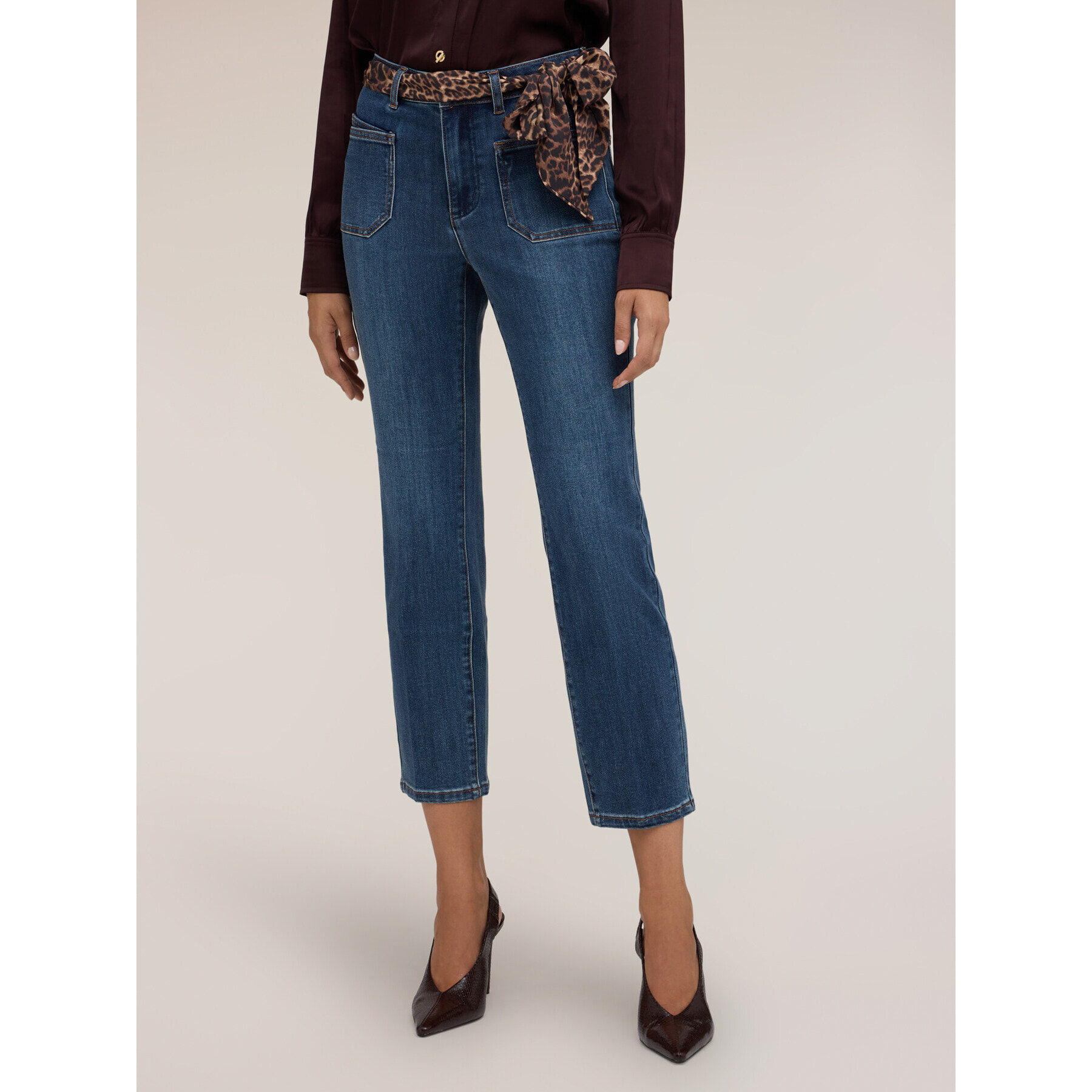 Motivi - Jeans cropped a vita alta con cintura animalier - Blu
