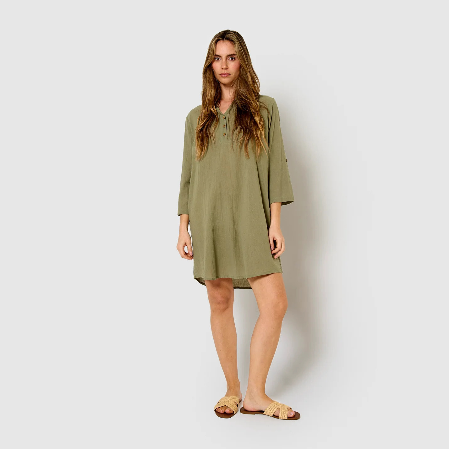 Vestido corto algodón liso verde cacería