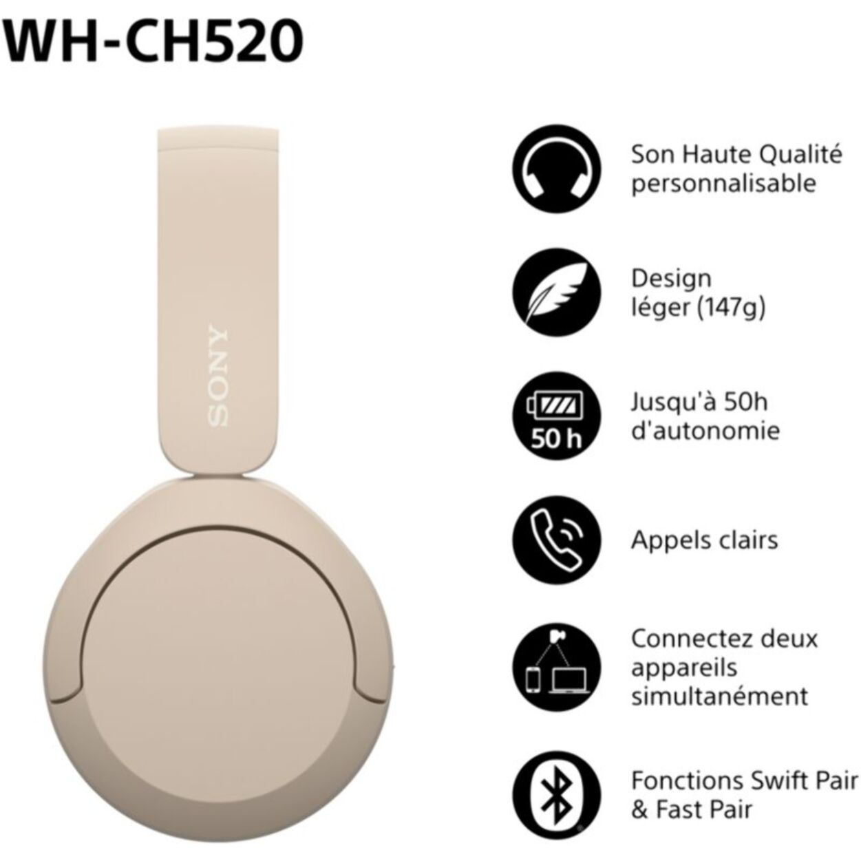 Casque SONY WH-CH520 Crème