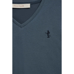 Maglietta blu denim con scollo a V e ricamo Rigby Best