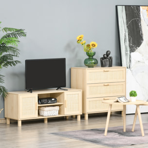 Meuble TV banc TV 2 niches 2 placards porte cannage en rotin dim. 115L x 40l x 48H cm MDF aspect bois clair