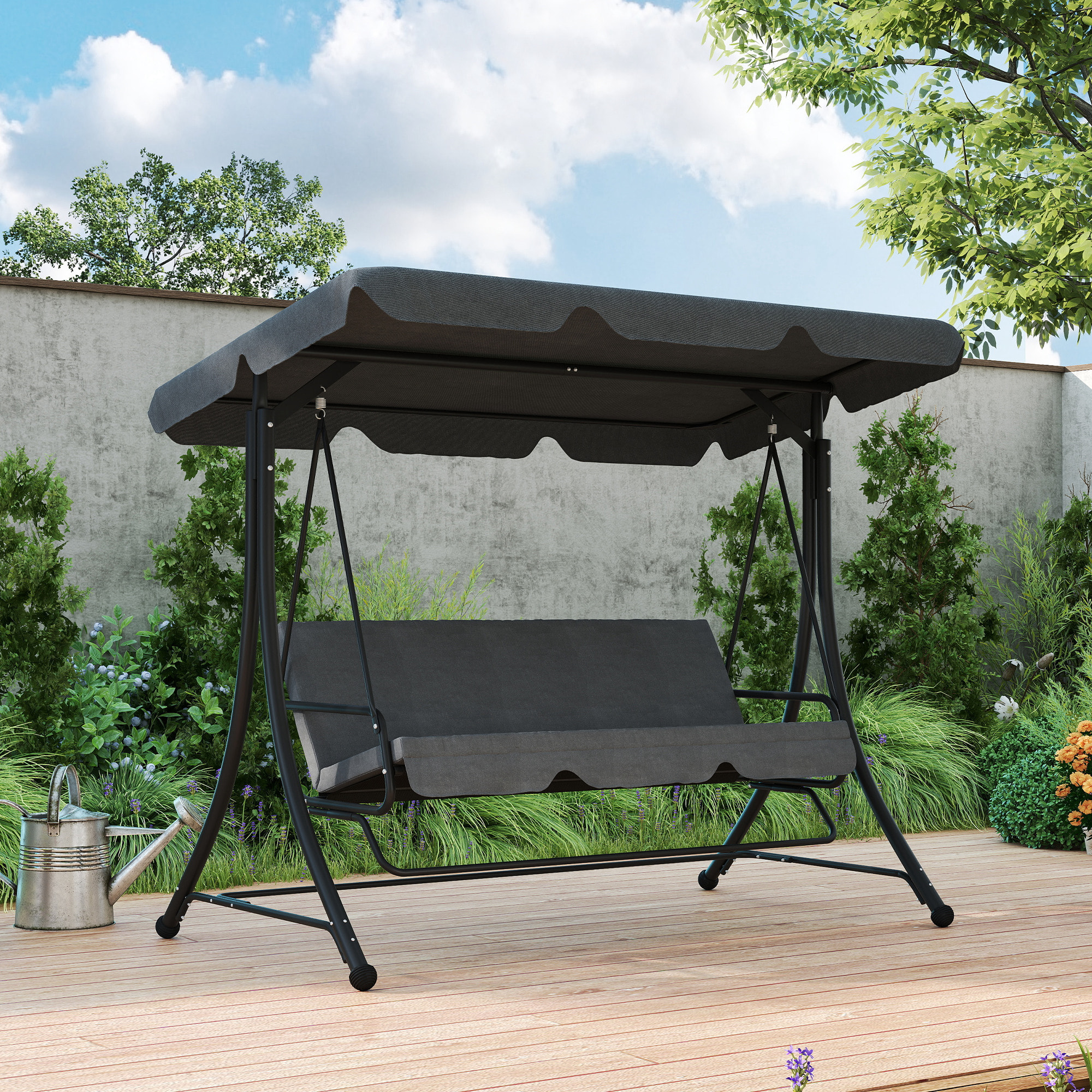 Columpio de Jardín Exterior de 3 Plazas Balancín de Jardín Exterior con Toldo Ajustable Reposapiés Retráctil y Cojines Carga 330 kg 200x127x170 cm Gris