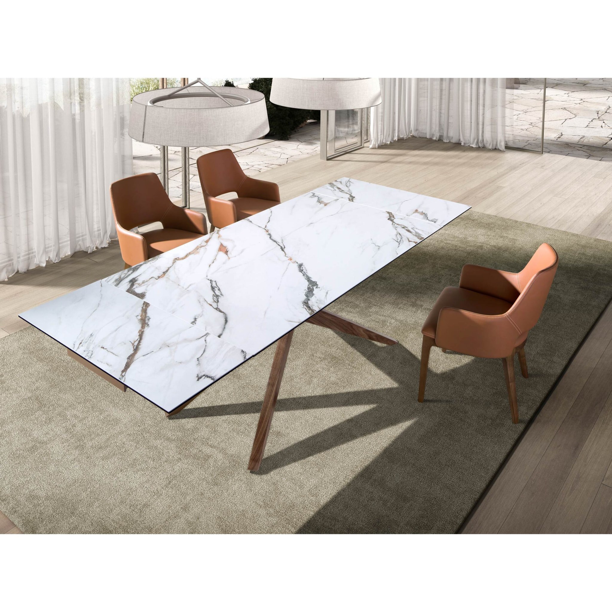 Mesa comedor extensible rectangular con tapa de mármol porcelánico blanco con vetas en tonalidades grises y detalles en óxido en acabado mate 160x100x76cm