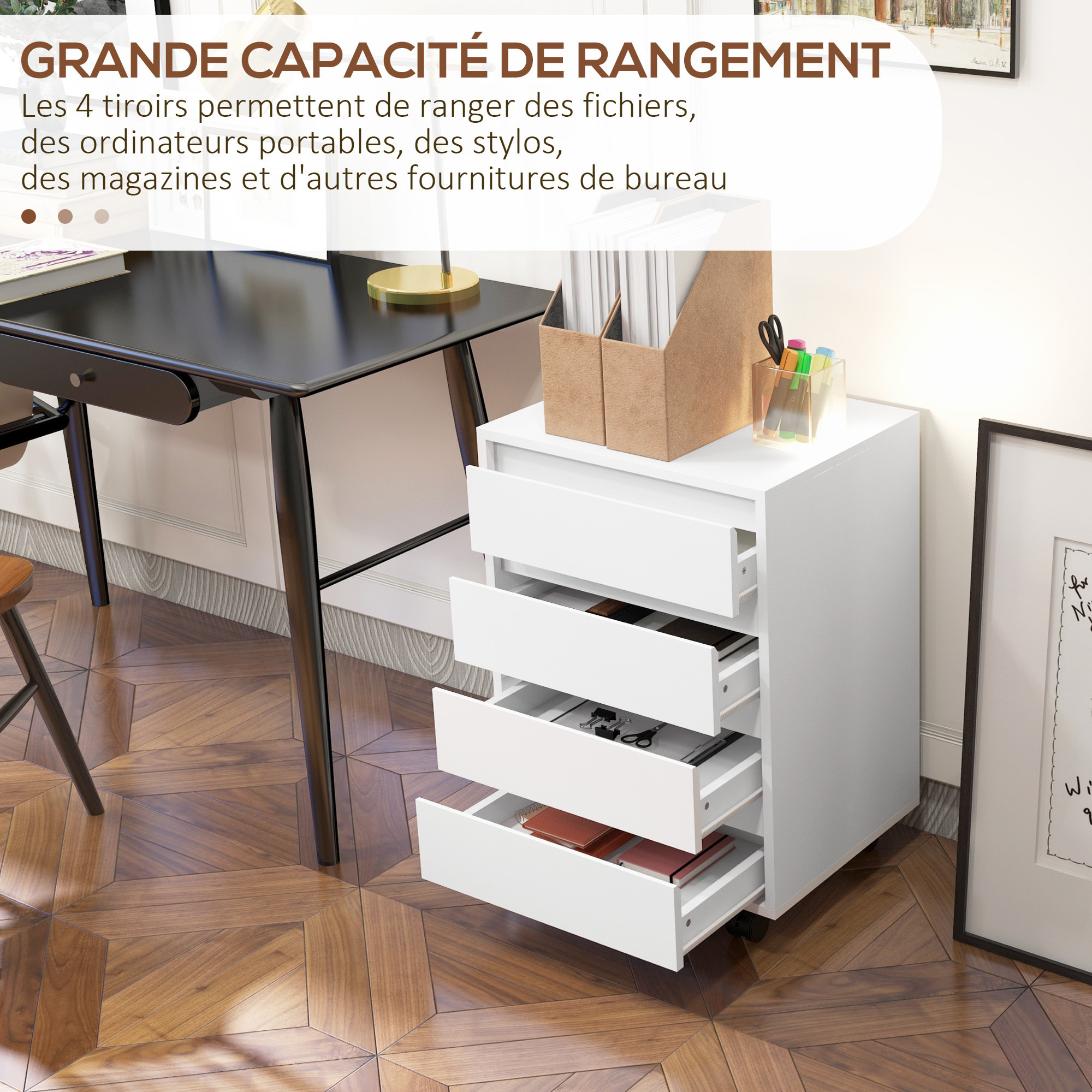 Caisson de bureau rangement bureau sur roulettes 4 tiroirs coulissants MDF blanc