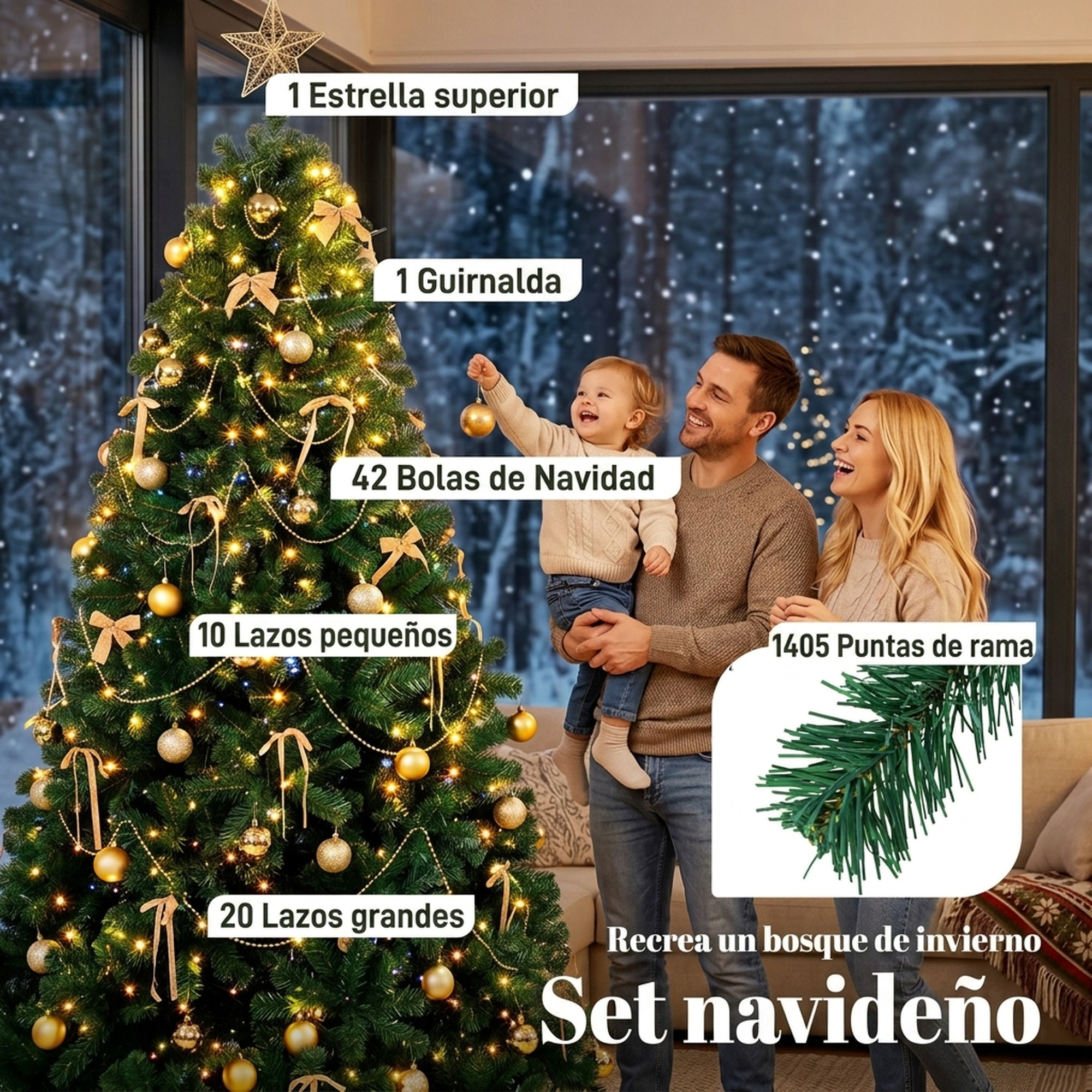 Árbol de Navidad con 296 LED Blanco Cálido, 230 cm, Árbol de Navidad Decorativo, 1405 Ramas Ignífugas, Estrella, 42 Bolas, 30 Lazos y Decoración Dorada, Verde