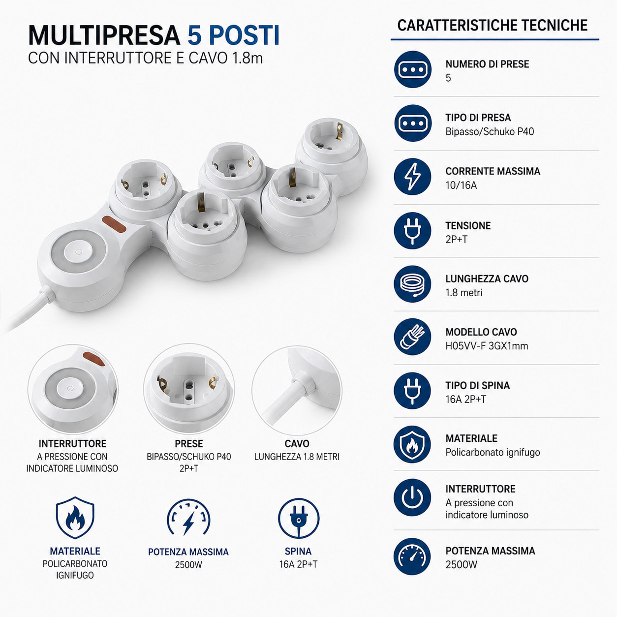 OMEGA Multipresa Snodabile Flexi 5 Prese Bipasso/Schuko P40 1.8mt