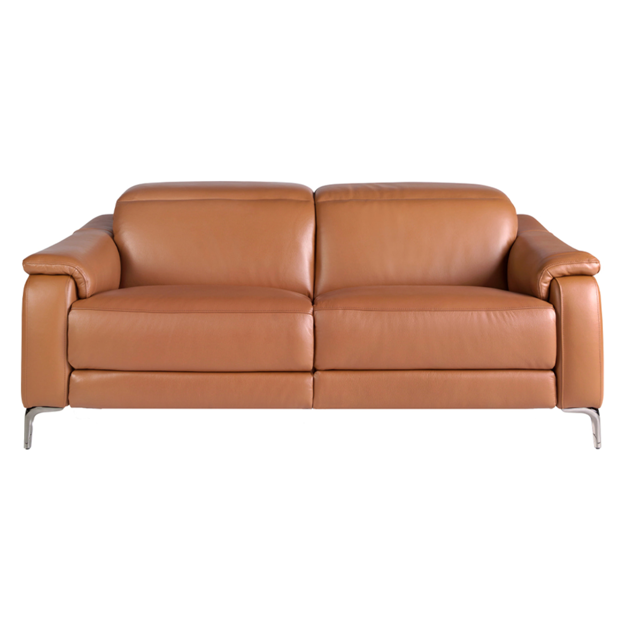 Sofá relax de 3 plazas tapizado en piel de origen vacuno en marrón con reposacabezas para patas de acero inoxidable cromado oscuro 2 sistemas de relax eléctrico 188x108x77cm