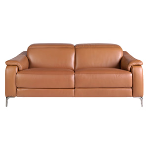 Sofá relax de 3 plazas tapizado en piel de origen vacuno en marrón con reposacabezas para patas de acero inoxidable cromado oscuro 2 sistemas de relax eléctrico 188x108x77cm