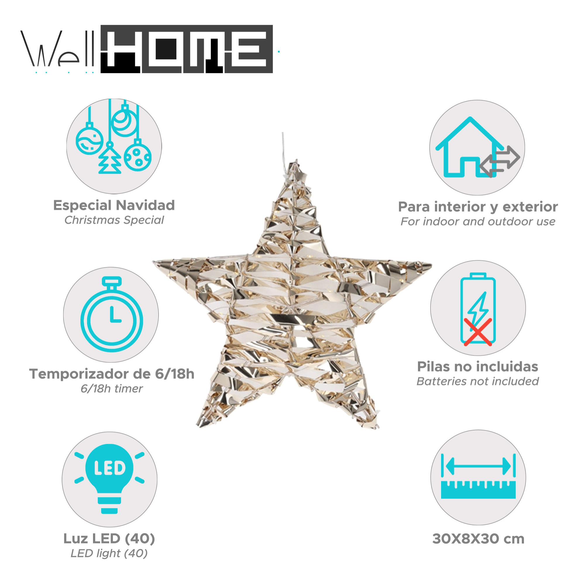 estrella metálica decorativa luminosa con 40 micro led blanco cálido de diseño retorcido 30x8x30cm