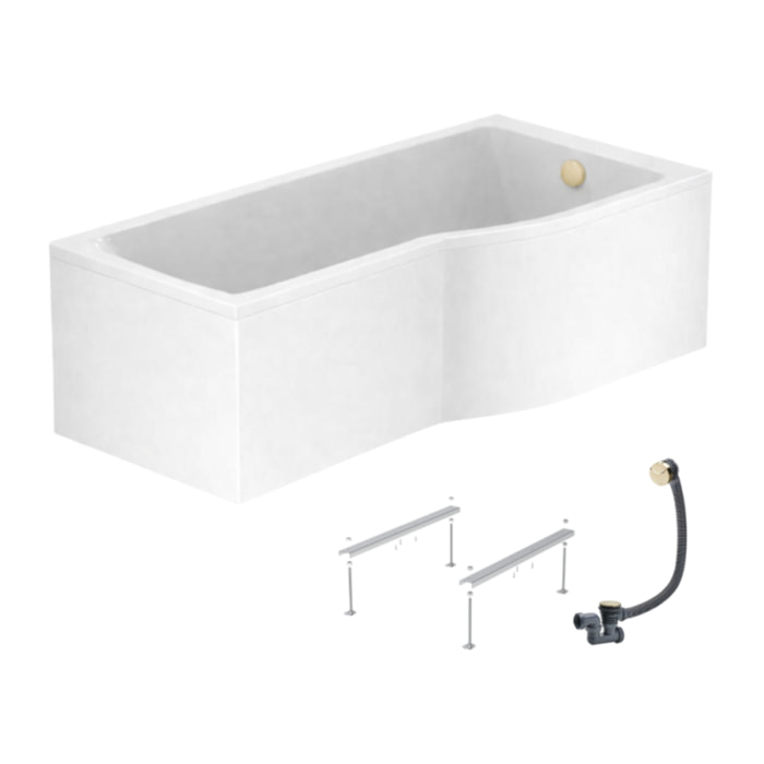 Baignoire bain douche 150 x 80 cm droite Connect Air + tablier + pieds + vidage Doré